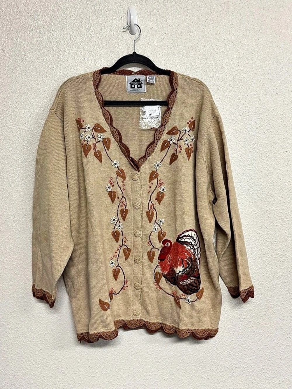VTG New Storybook Knits Thanksgiving Turkey Cardigan Beige Brown Size 3X